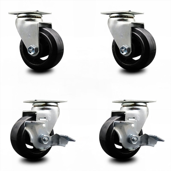 4 Inch Rubber on Cast Iron Swivel Caster Set with Ball Bearings 2 Brakes